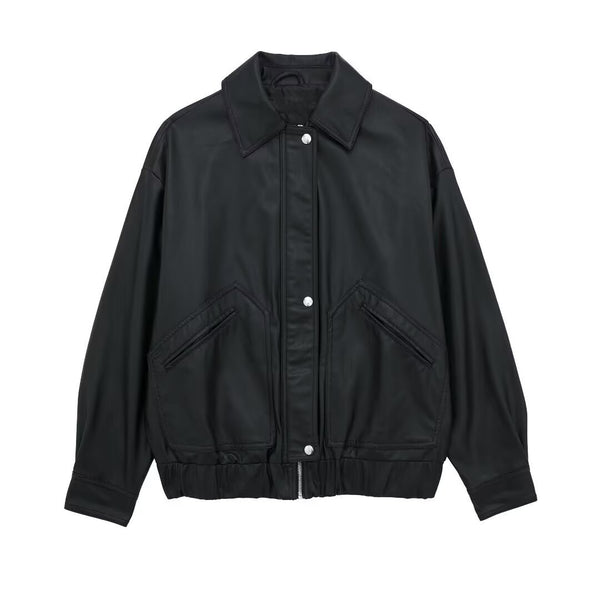 Women's Lapel Loose Faux Leather Bomber Jacket Coat - WOMONA.COM