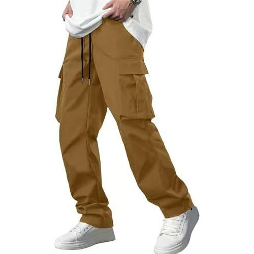 Men's khaki drawstring cargo pants with flap cargo pockets and cuffed hems