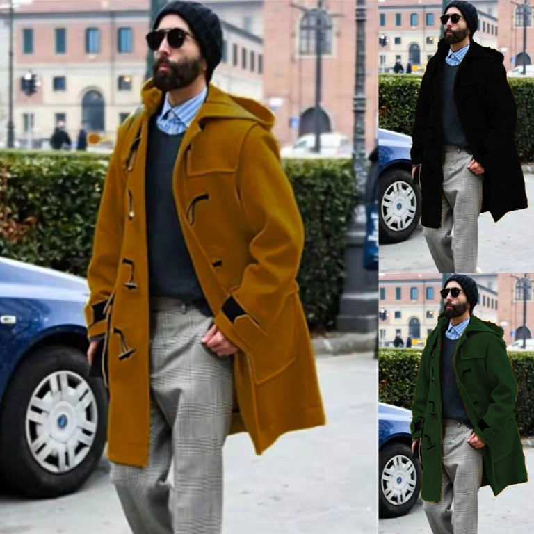 Men's hooded wool trench coat in ginger yellow, horn-button front, flap pockets