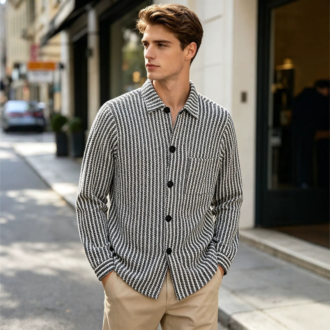 Men's striped knit jacket with button-front and stand collar, black and white