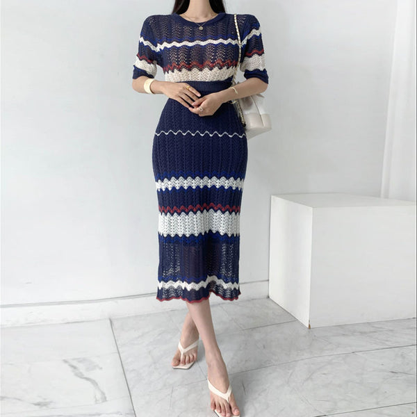 Retro Striped Contrast Color Knitted Sweater - WOMONA.COM