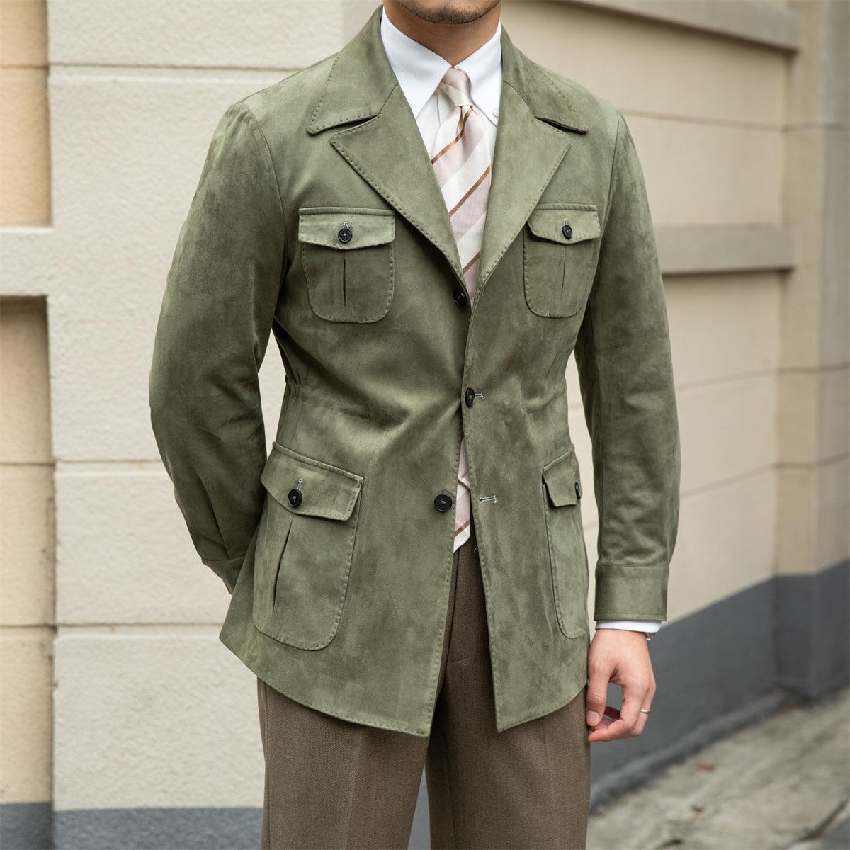 Men's army green safari jacket with suit collar and flap chest/hand pockets