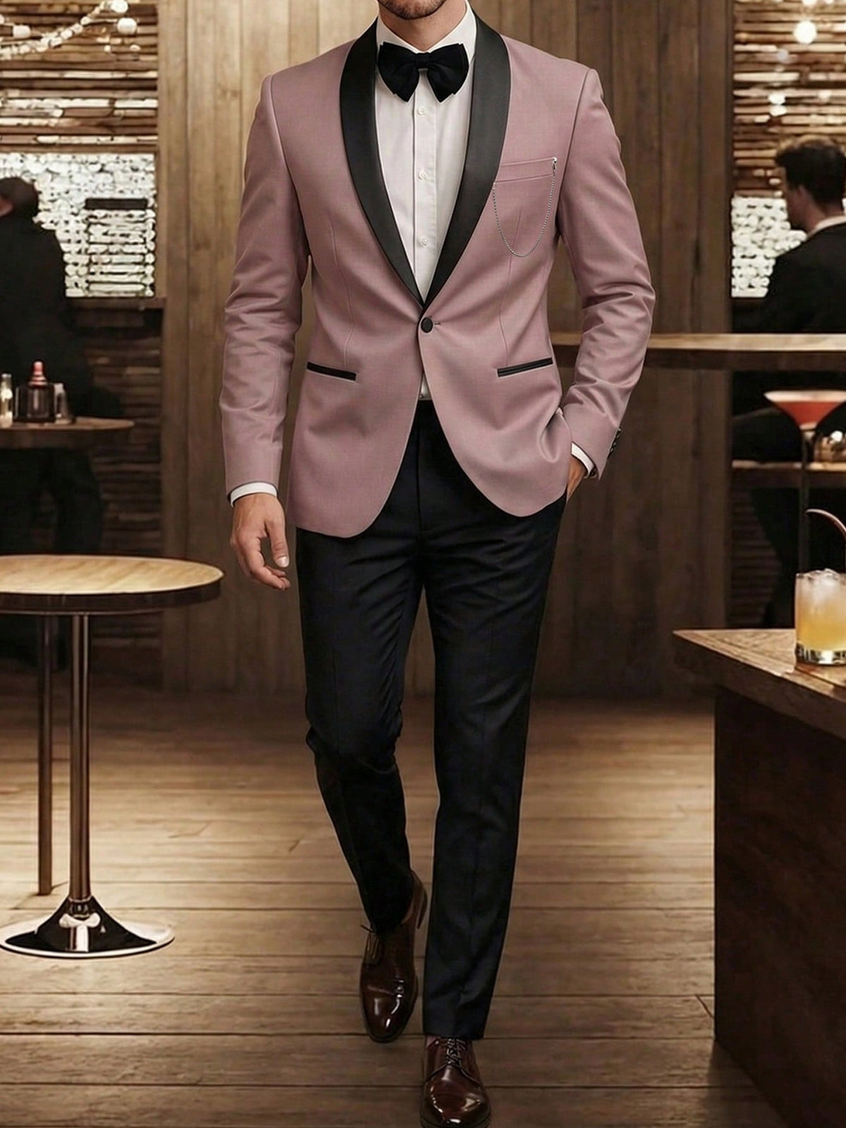 Lotus Pink tuxedo jacket with black lapels, chest pocket, worn with bow tie