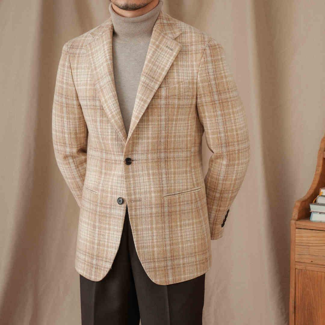 Men's slim-fit khaki plaid blazer with notch lapel, button front, and flap side pockets