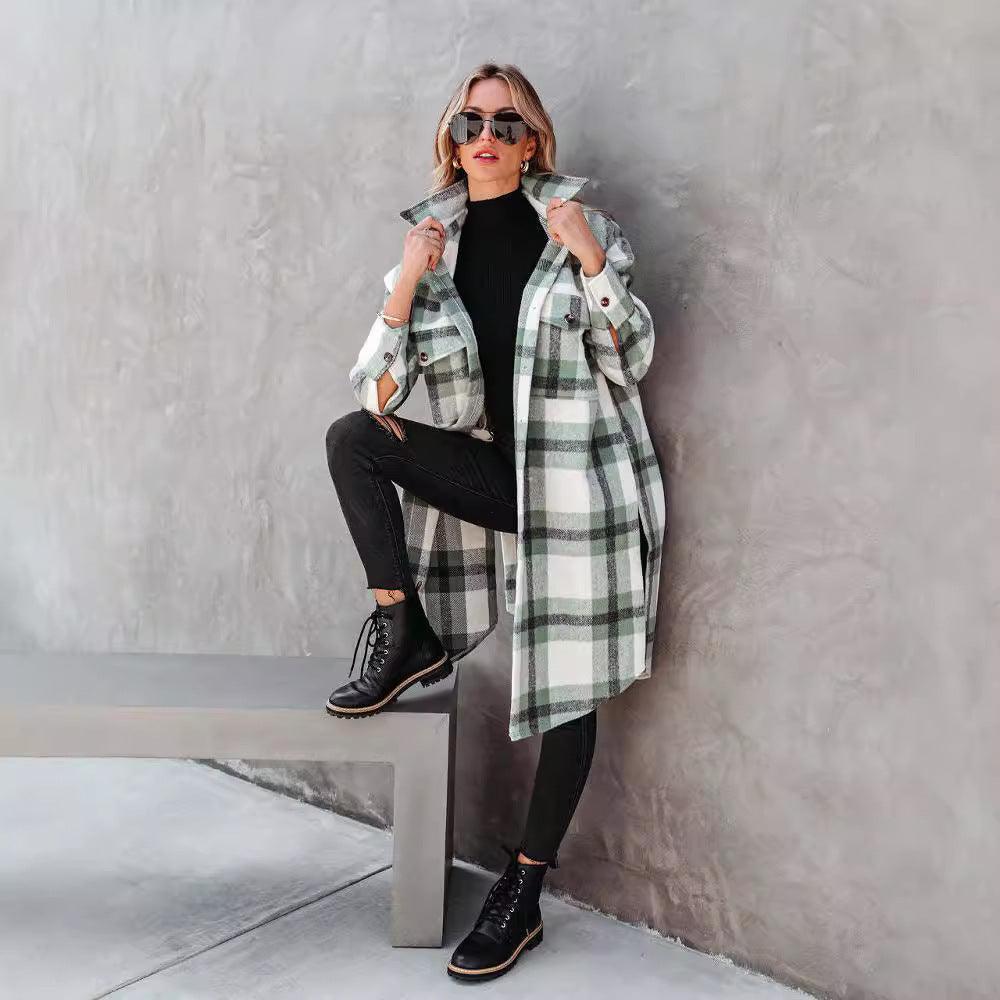 Long plaid flannel button-front coat with chest pockets and rolled collar, gray-green