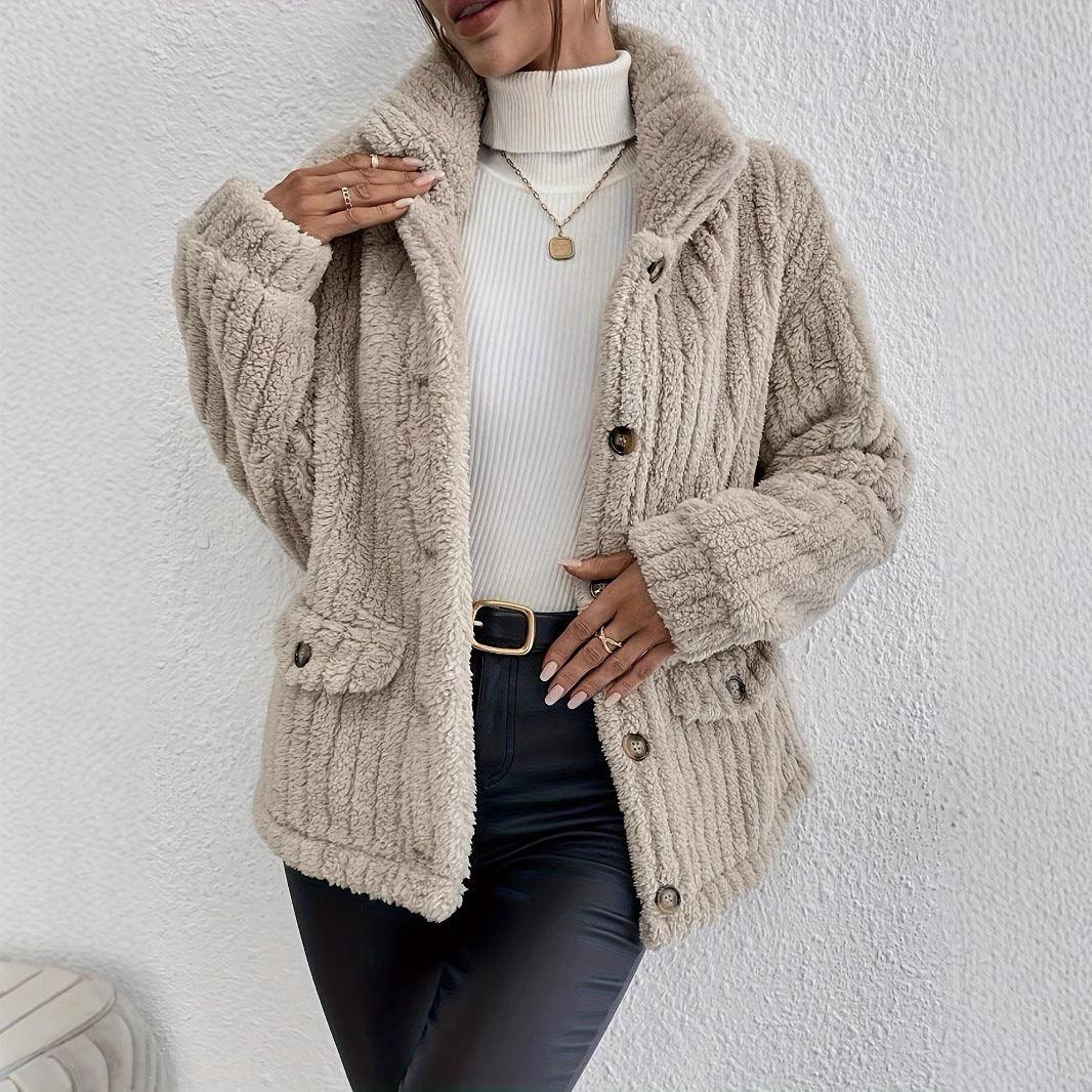 Textured beige button cardigan coat with patch pockets and long sleeves