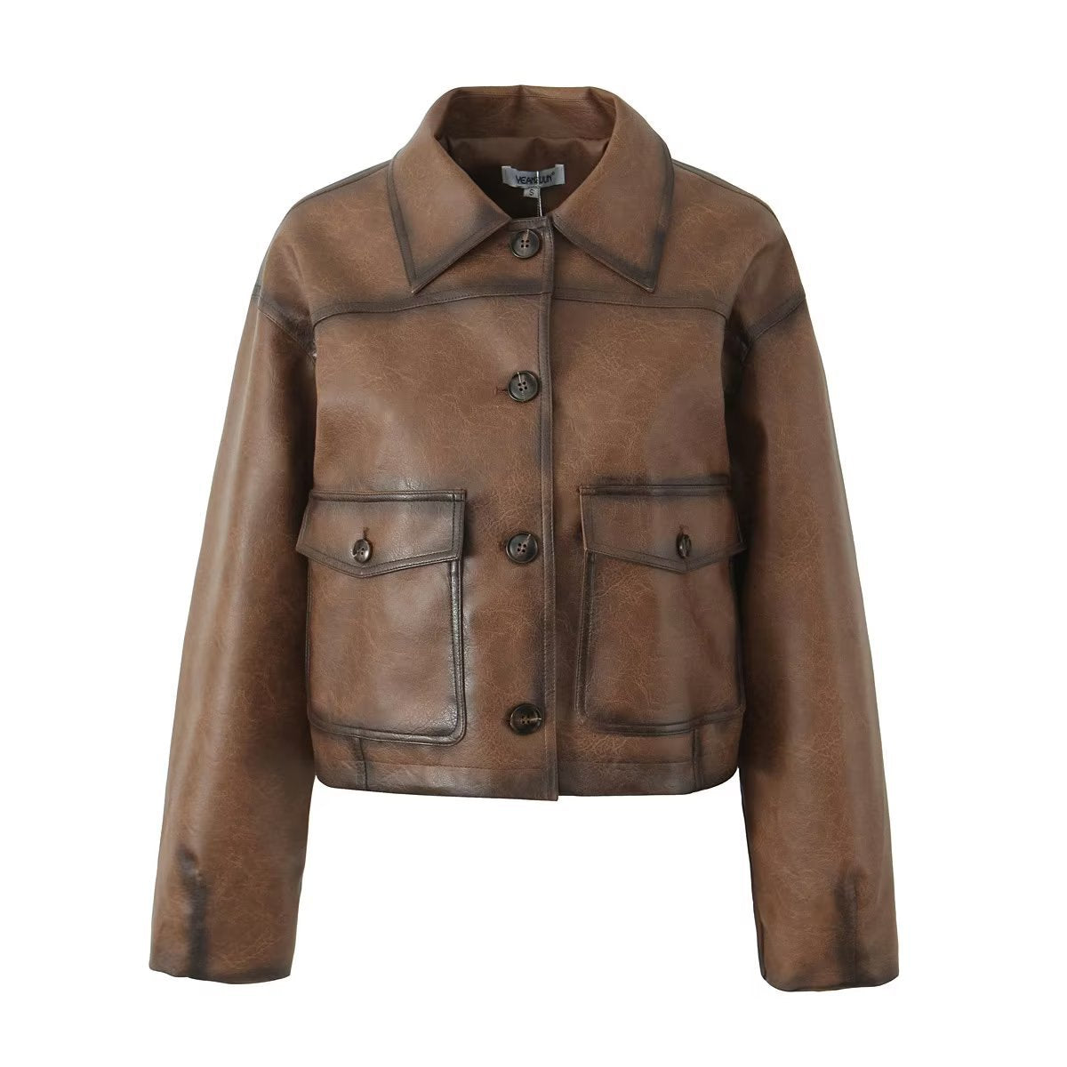 Women's Brown Faux-Leather Patch-Pocket Jacket, Brown - product view 1