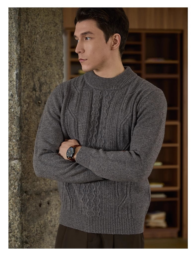 Men's Pure Wool Cable-Texture Turtleneck Sweater, Camel Gray - product view 2