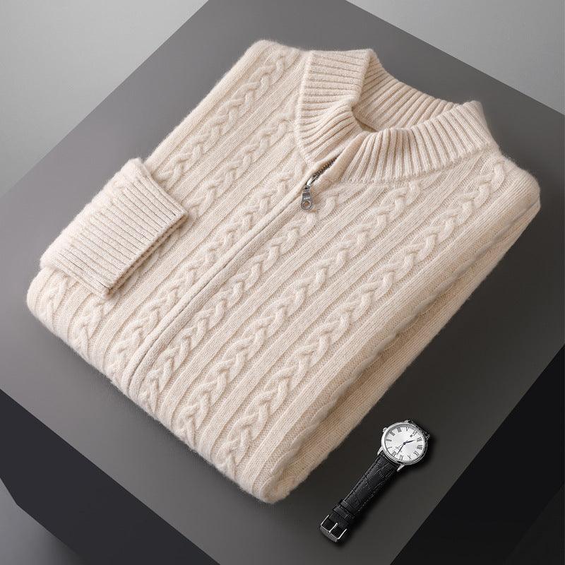 Men’s cream cable-knit half-high collar zipper sweater, long sleeves