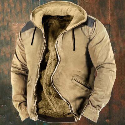 Beige hooded zip-up cotton-padded jacket with drawstring hood and dark faux shearling lining