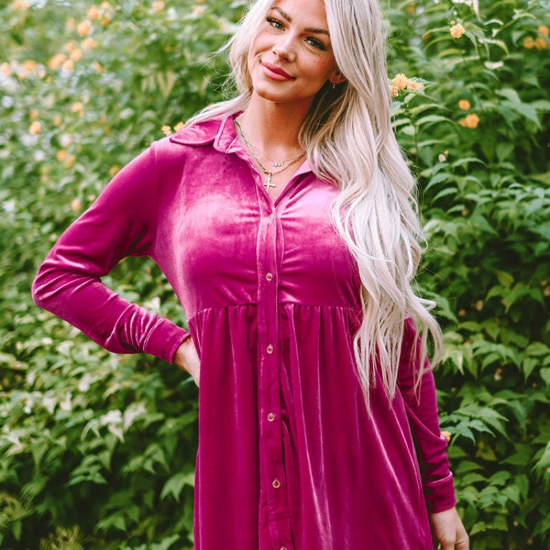 Button-Detail Velvet Long-Sleeve Mini Dress — rose-pink velvet shirt dress outdoors