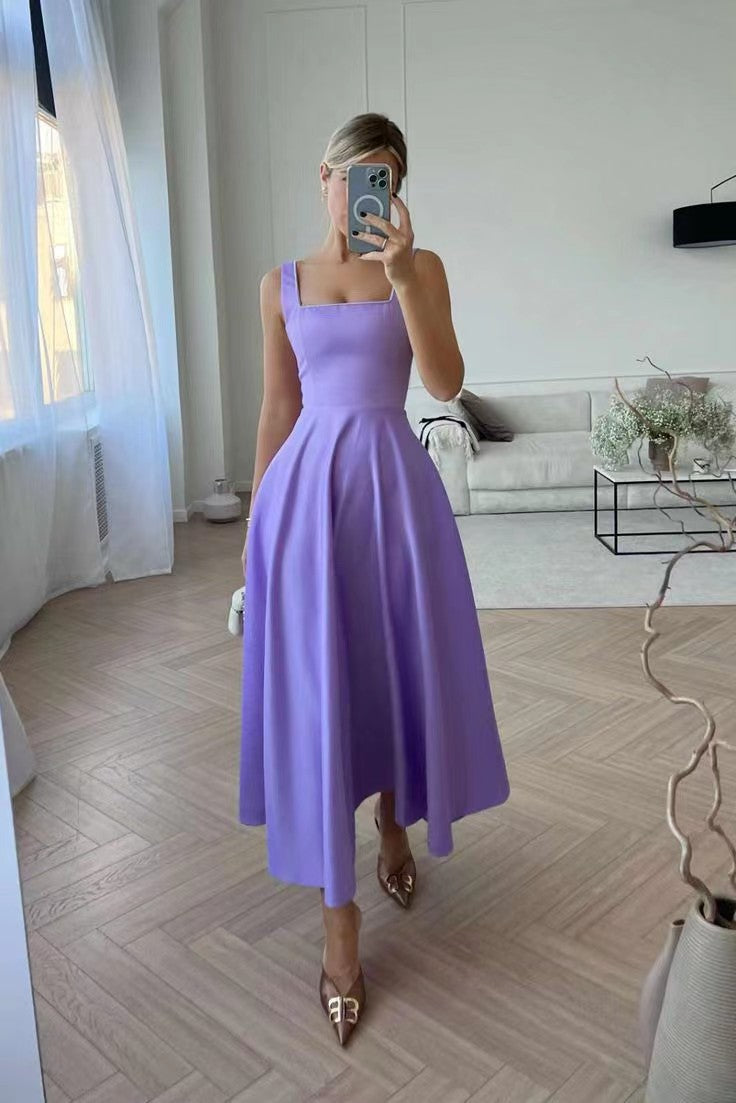 Fashion Retro Waist-controlled Square Collar Large Swing Dress - WOMONA.COM