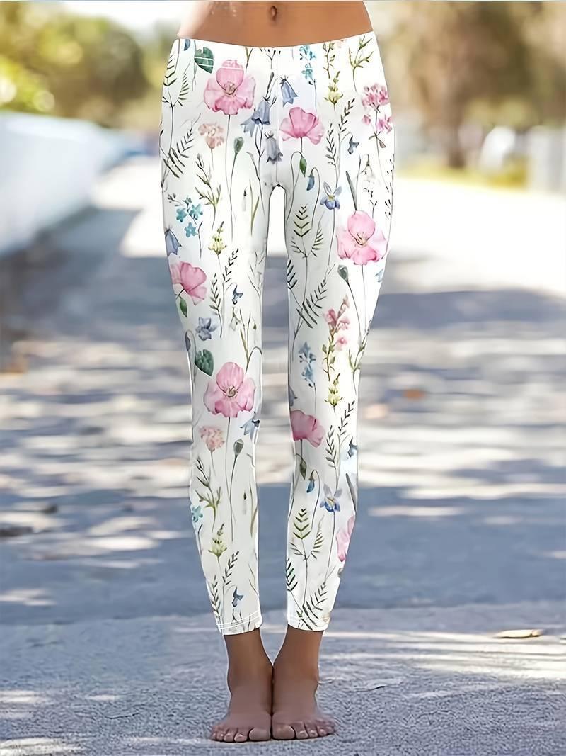 Flower Print Elastic Waist Hip Raise Skinny Casual Leggings - WOMONA.COM