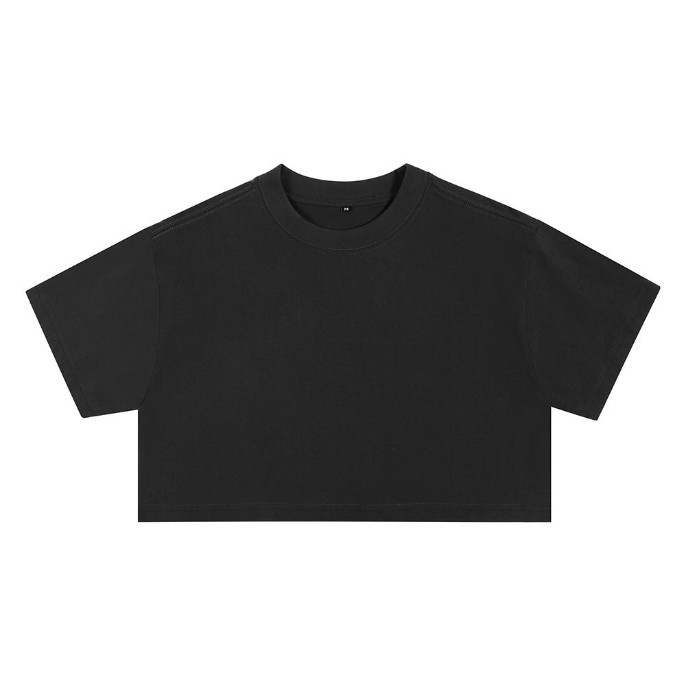 Black loose crop T-shirt with short sleeves and round crew neck