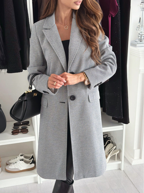 Simplicity Long Sleeve Solid Color Single-breasted Woolen Coat - WOMONA.COM