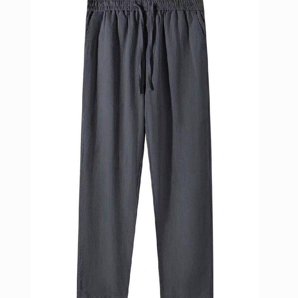 Men's loose straight ramie pants, dark gray, elastic waistband with drawstring.
