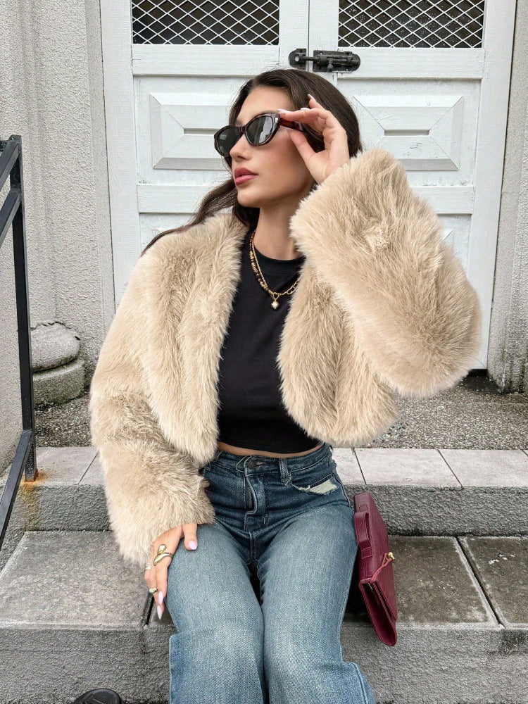 Apricot faux fur V-neck coat with long sleeves and open front