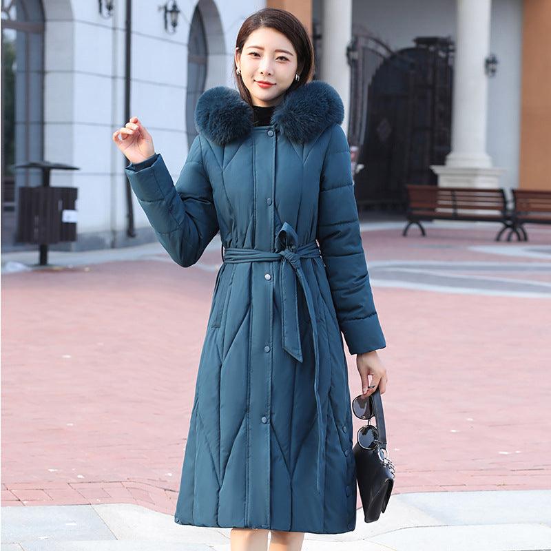 Women’s cotton-padded coat in navy blue, button-front, faux fur hood and tie belt