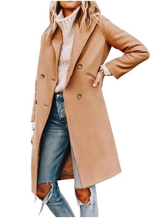 Tan mid-length wool coat with notched lapels, button front, long sleeves, flap pockets
