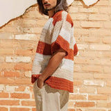 Men's Knitted Fashion Hollowed-out Striped Shirt Loose - WOMONA.COM