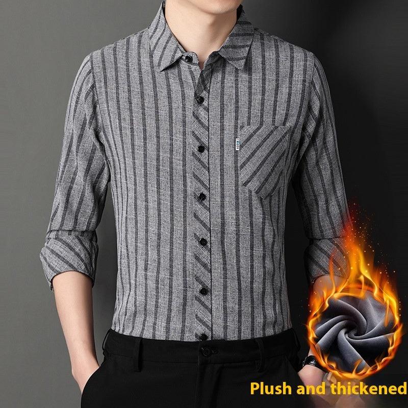 Men's dark gray vertical-striped long-sleeve button-up shirt with chest pocket