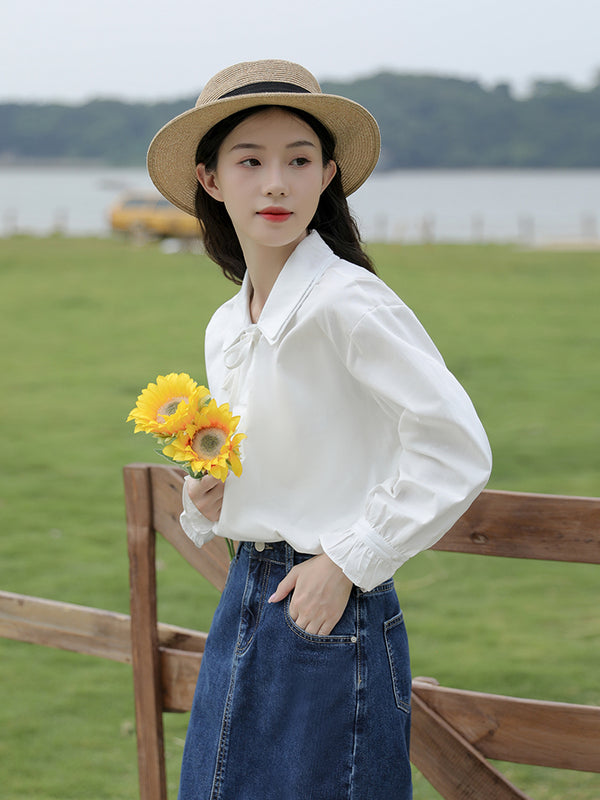 Literary White Long-sleeved Shirt Women - WOMONA.COM