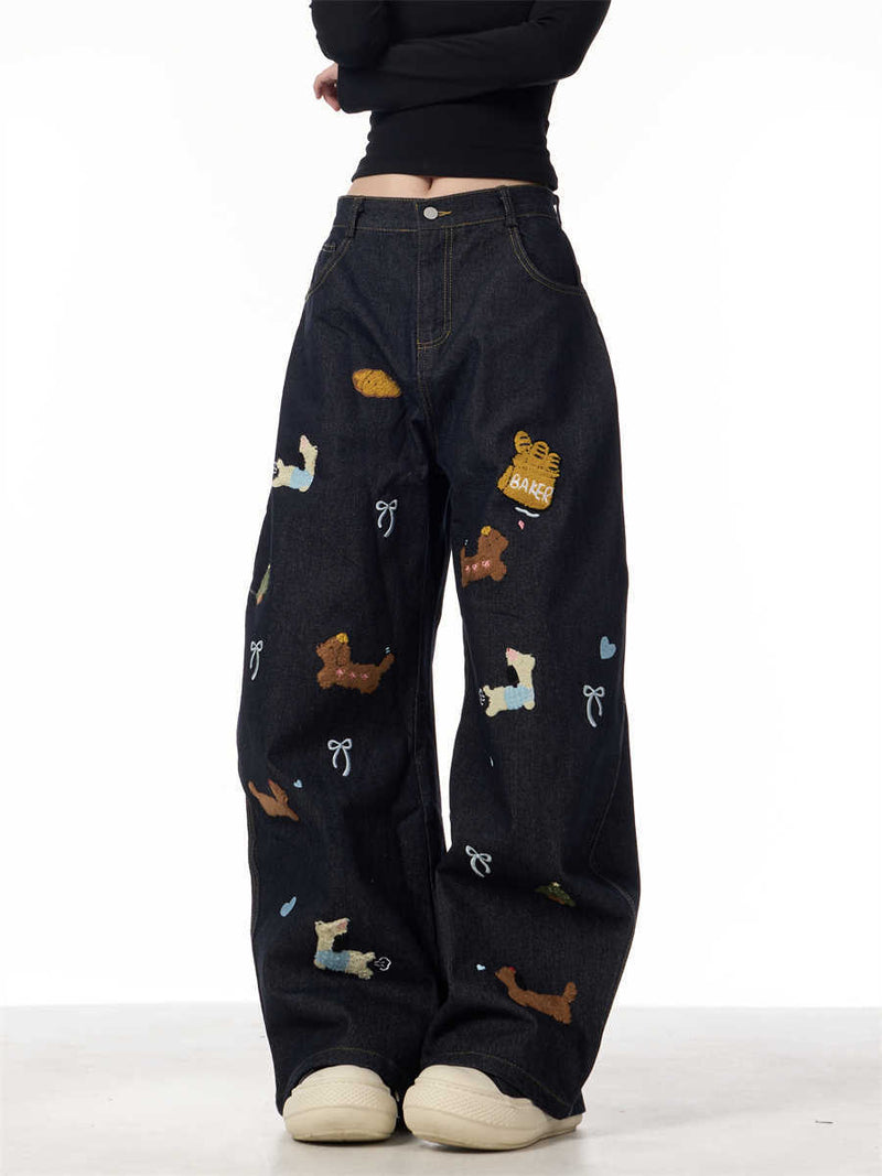 Pantalones vaqueros holgados e informales de pierna ancha con diseño de perro salchicha para mujer