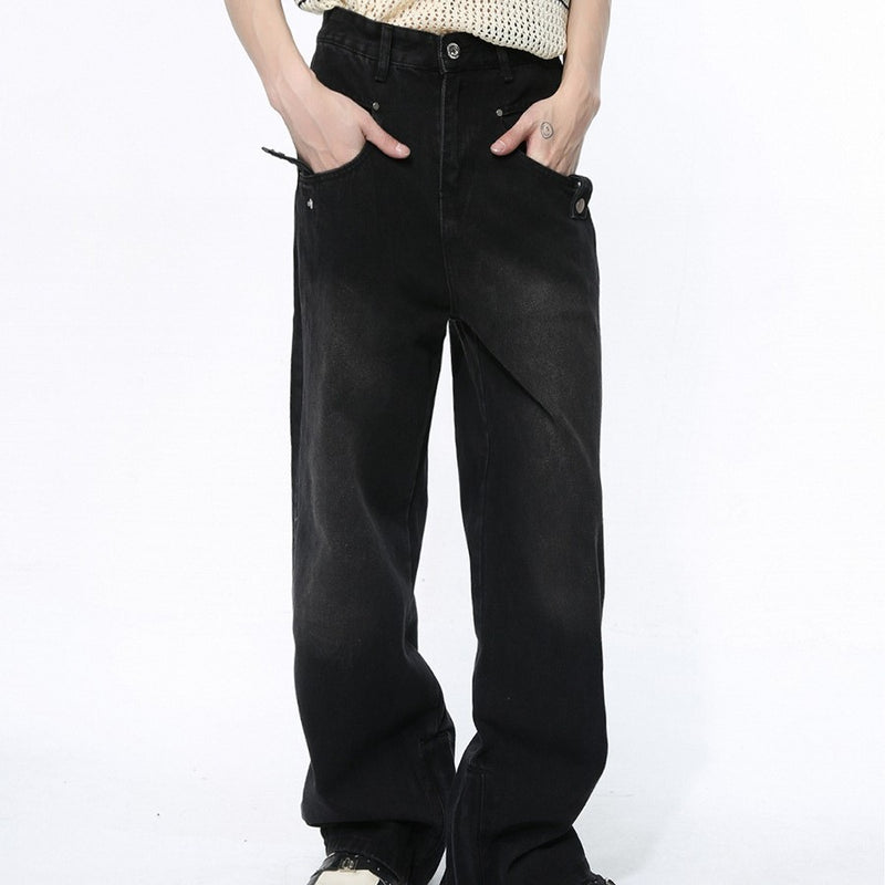 Straight Wide Leg Black Denim Fashionable Trousers - WOMONA.COM