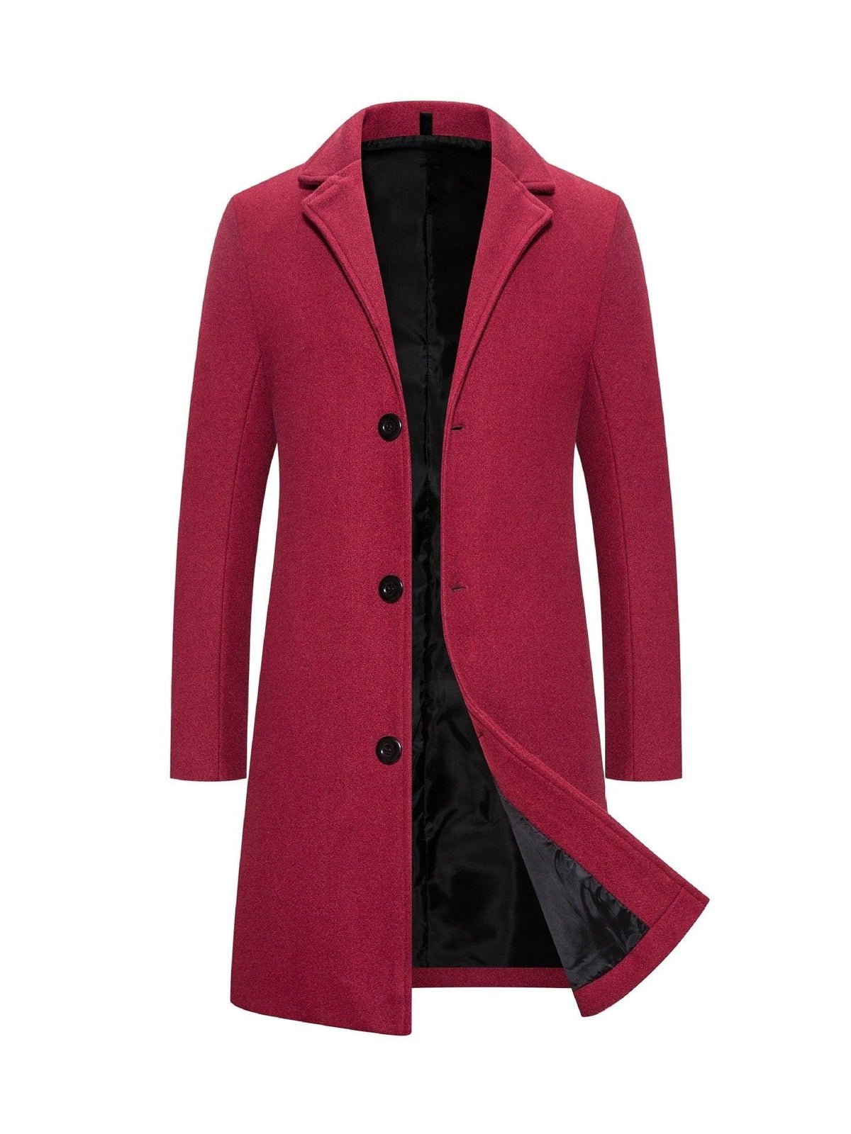 Men's mid-length slim-fit coat, wine red with notched lapels and button front