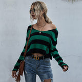 New Big V-neck Striped Sweater - WOMONA.COM