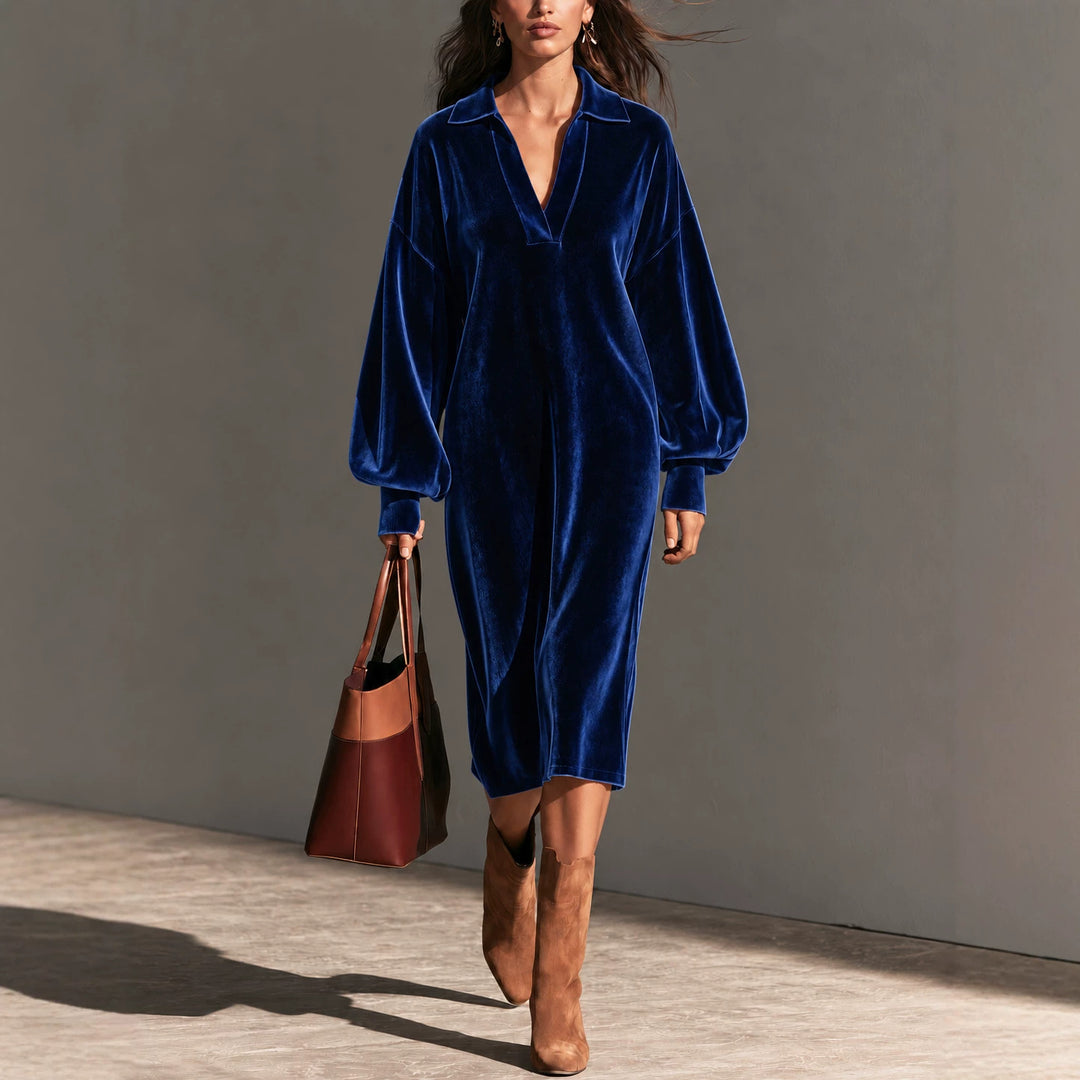 Women's loose velvet lapel long-sleeve midi dress