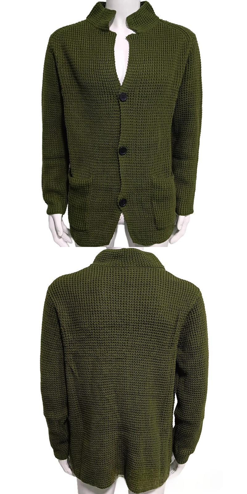 Mens mid-length knitted coat with stand-up collar, olive green, button closure and side pockets