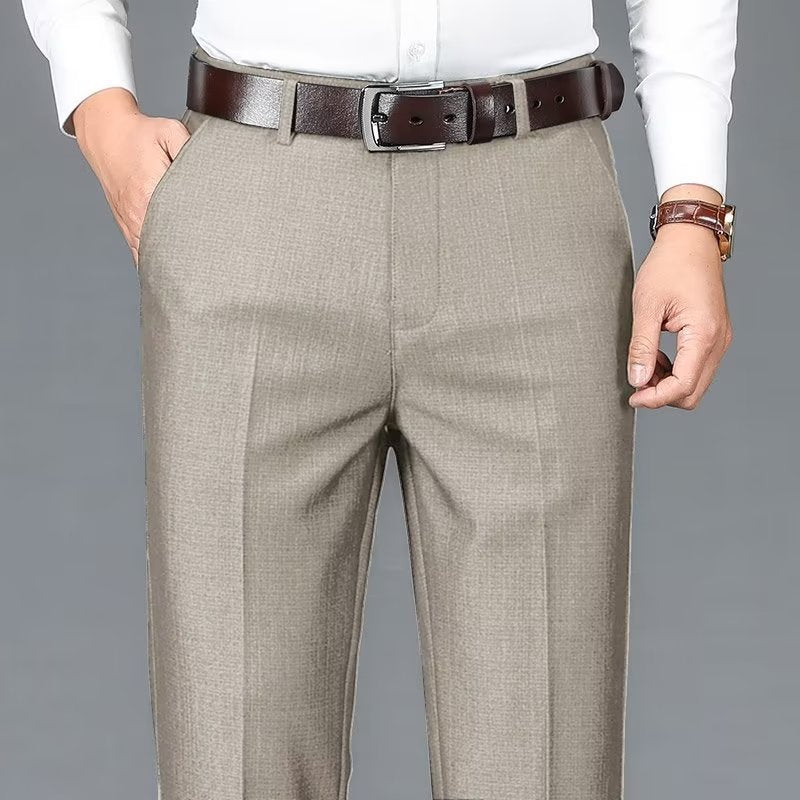 Men's beige suit trousers with belt, waistband and center seam