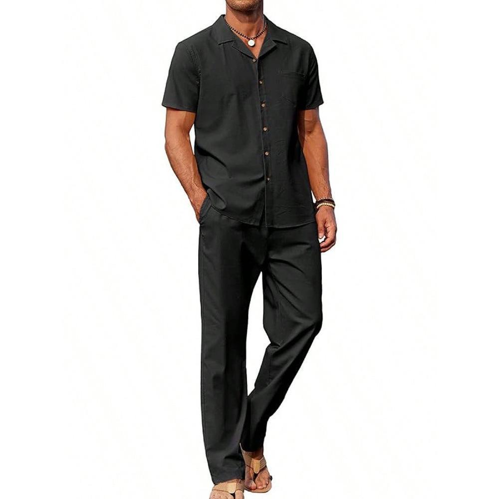 Men's short-sleeve button shirt and matching trousers set, black