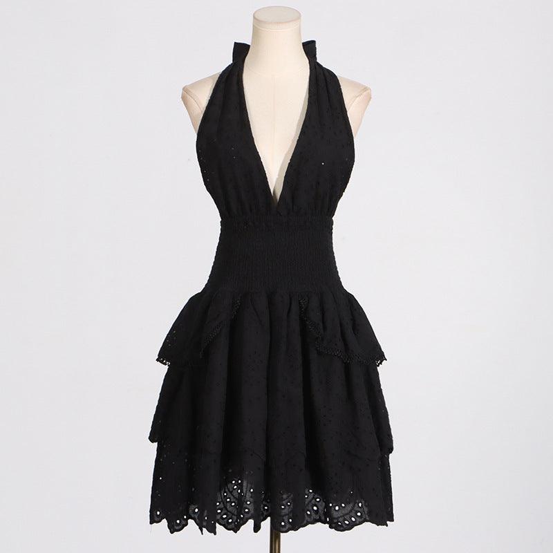 Black lace halter mini dress with deep V neckline and textured tiered skirt
