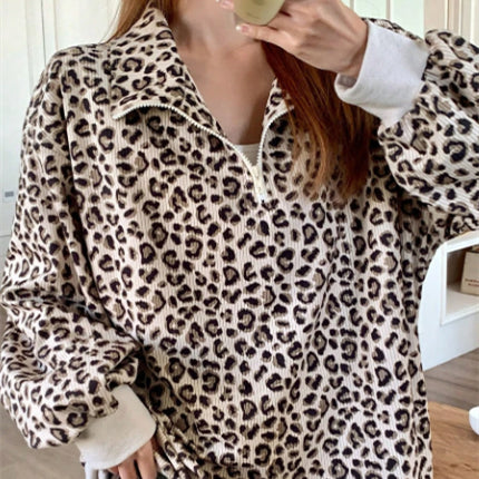Beige Leopard Print Quarter Zip Corduroy Sweatshirt