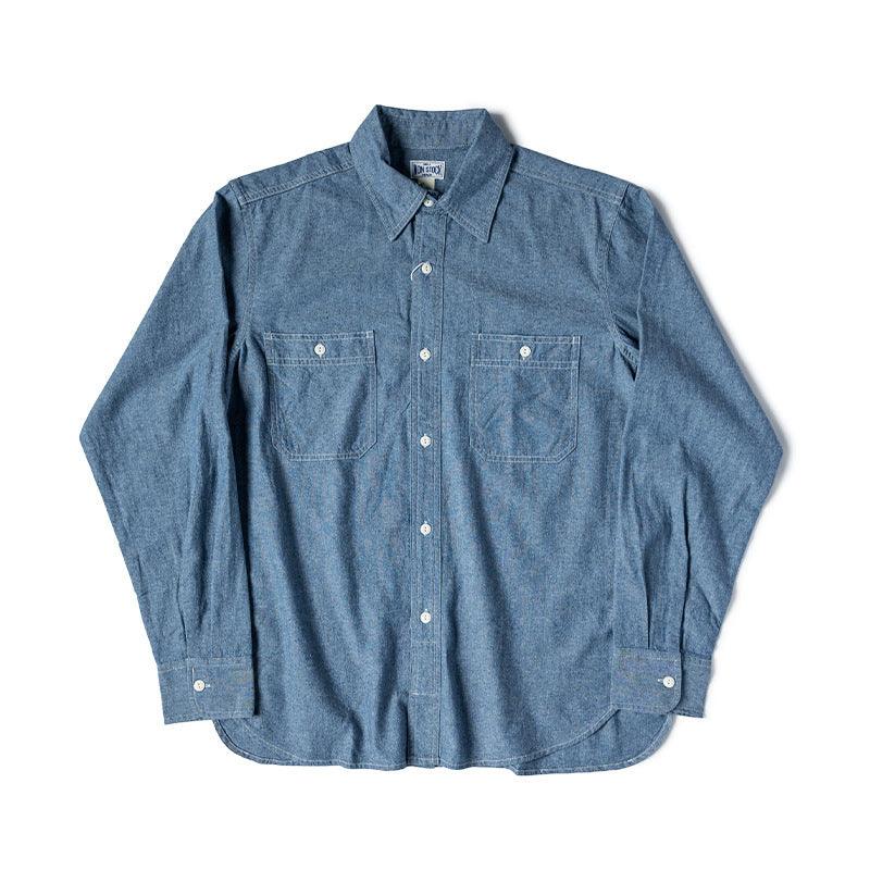 Blue youth long-sleeve button-up shirt with double chest patch pockets