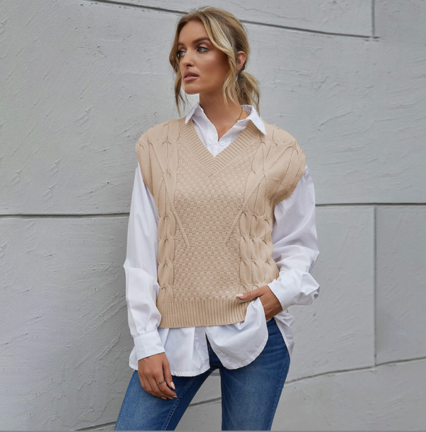 Casual Slim V-neck Pullover Sleeveless Sweater - WOMONA.COM