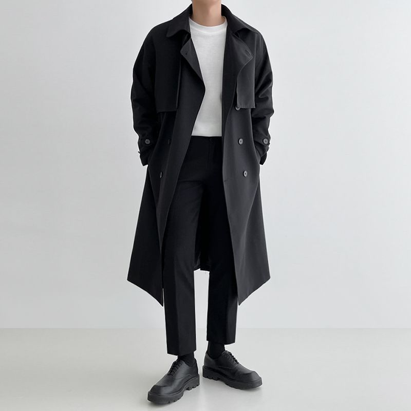 Men's long loose double-breasted trench coat