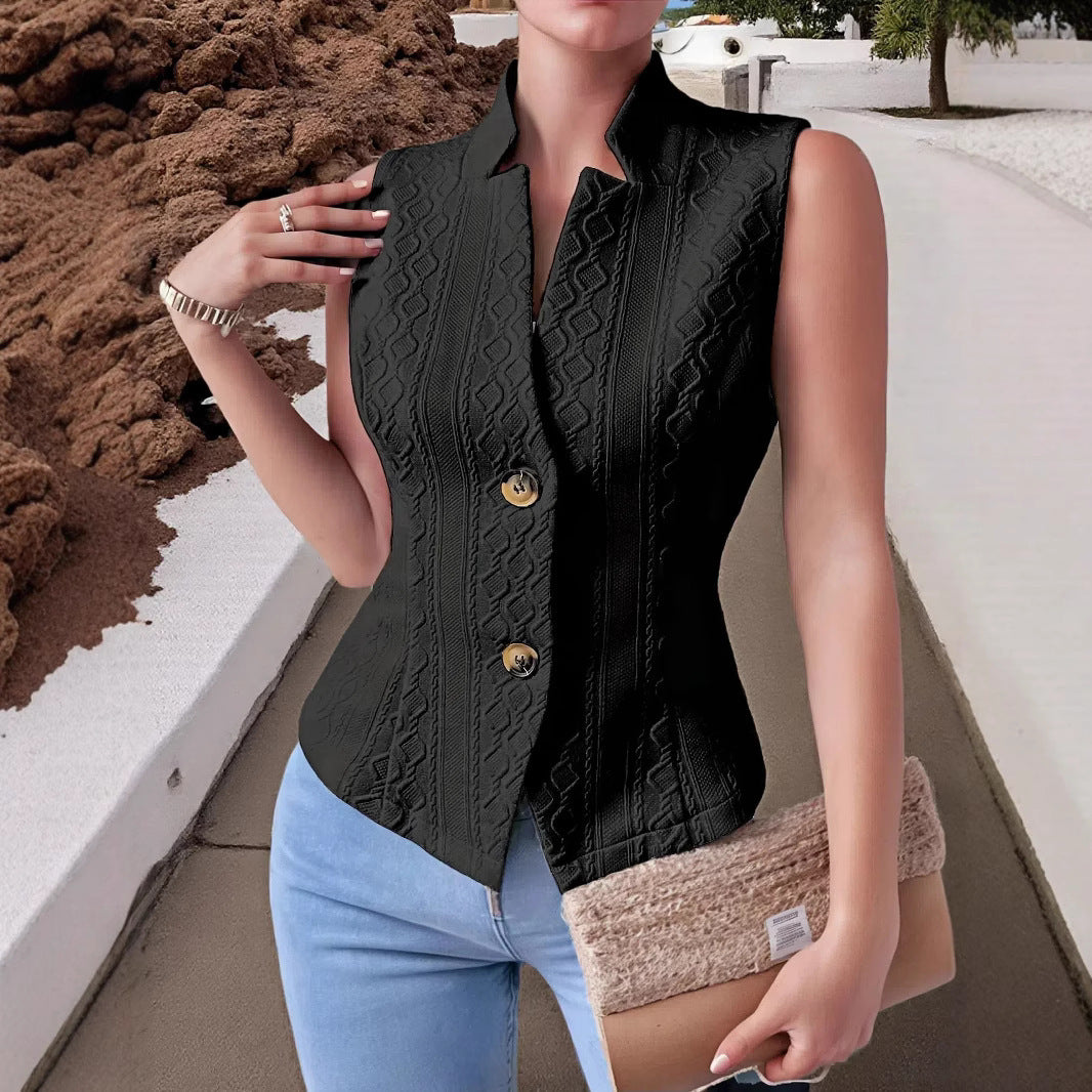 Black sleeveless V-neck vest jacket with textured pattern and two-button closure