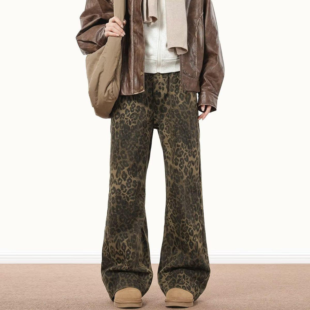 Men's leopard print denim jeans in dark olive, relaxed straight leg