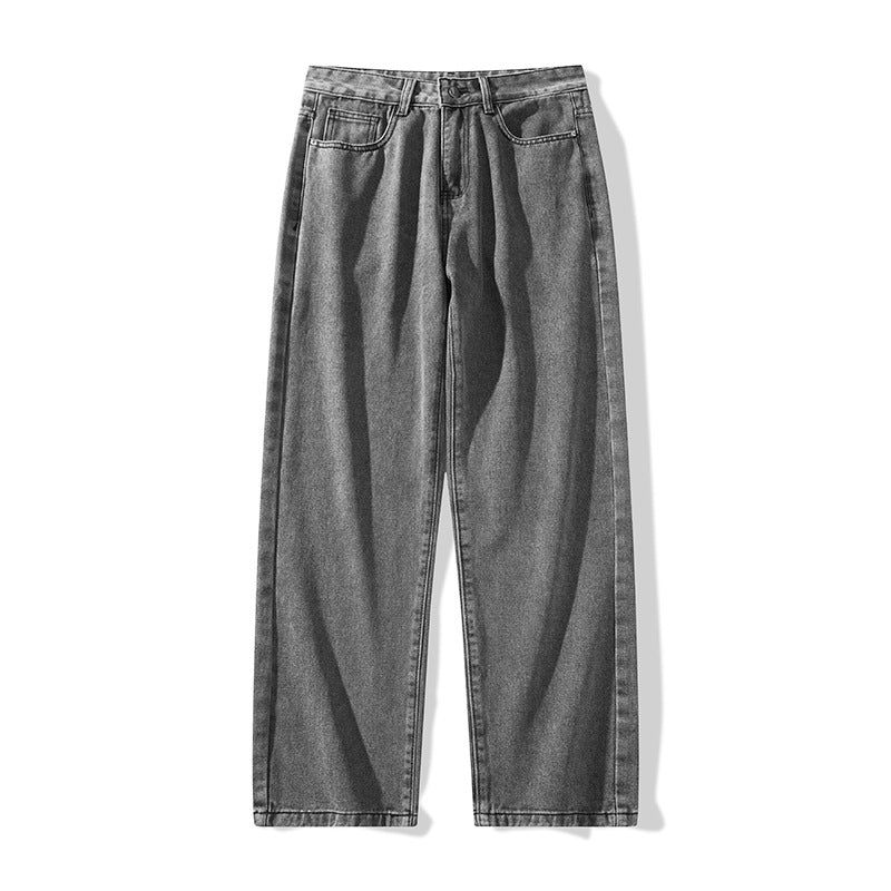Smoky gray washed wide-leg denim trousers with loose fit and front button closure