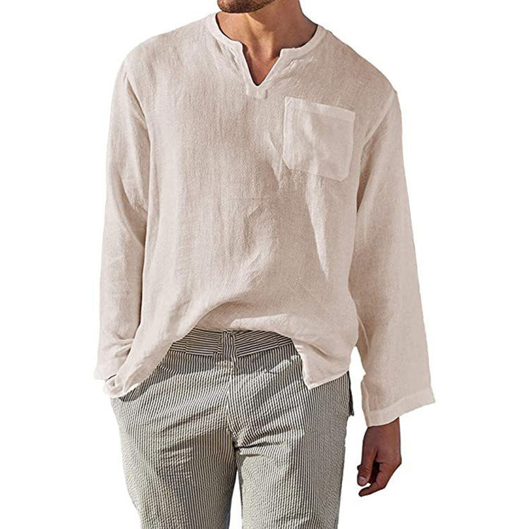 Men's linen long-sleeve shirt, solid light color, V-neck with chest pocket