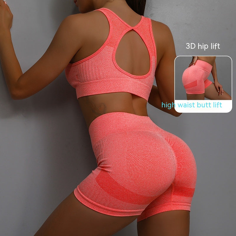 2-piece coral red sports bra and high-waist shorts set, open-back racerback