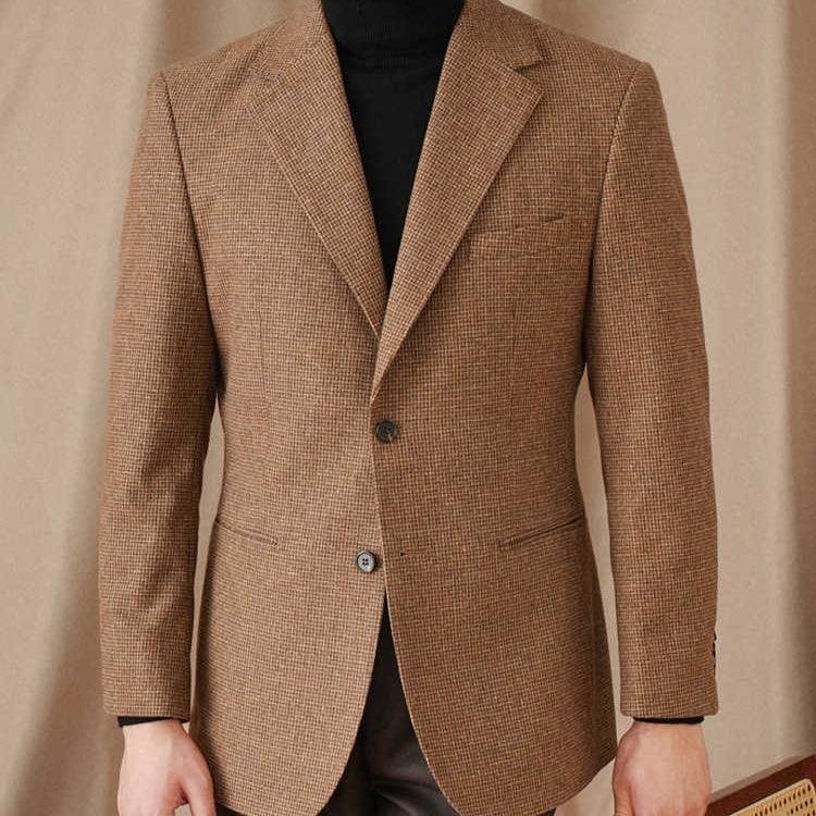Men's slim-fit houndstooth vintage coat, brown single-breasted with notch lapels