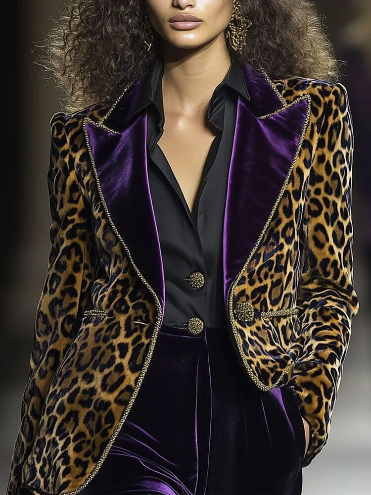 Leopard-print velvet stand-collar coat with purple trim and buttoned front