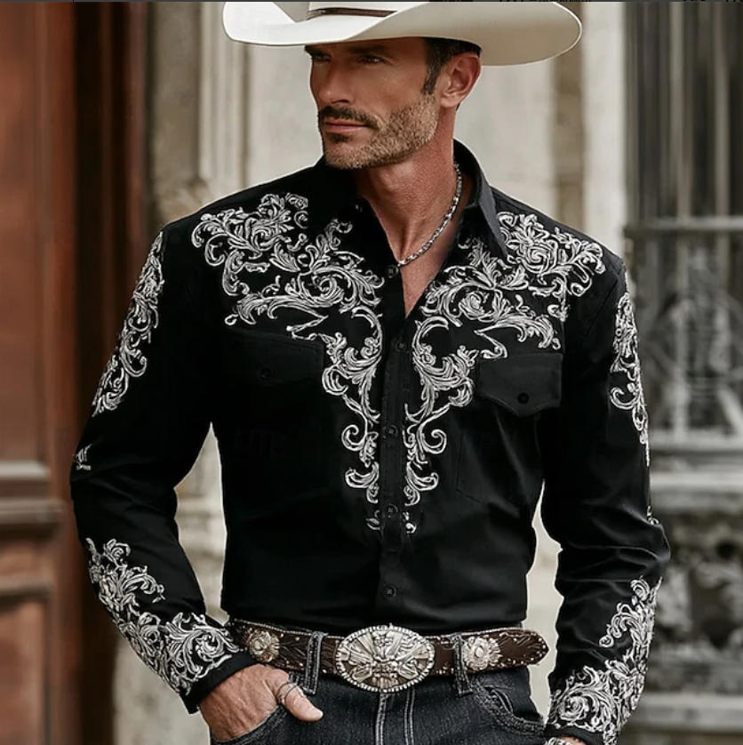 Men's long-sleeve button-up shirt, black with white ornate floral embroidery