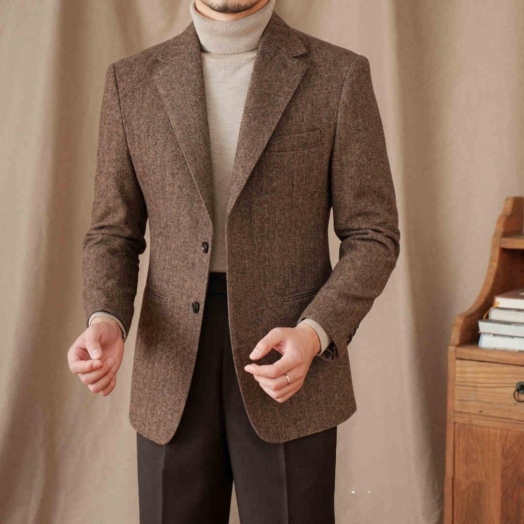 Brown men’s warm suit jacket and matching dark trousers, single-breasted with notch lapels
