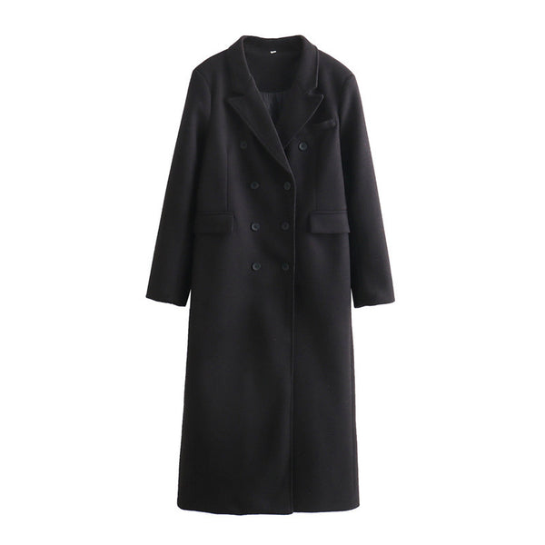 Women's Black Double Breasted V-neck Woolen Overcoat Coat - WOMONA.COM