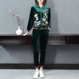 Ladies Aviary Embroidered Leisure Velvet Suit - WOMONA.COM